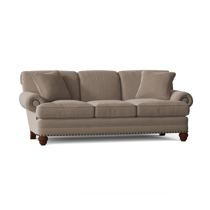 Canapé à accoudoirs arrondis 88 po avec coussins réversibles, Beau sergé performance taupe 7, Manhattan, Laiton foncé