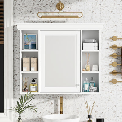 35.51'' * 7.28'' 28.54'' White Wall - Mounted Medicine Cabinet, Ample Storage, Hinges, Board, Adjustable Shelves, Soft Close Function, Silver Metal Handle, Luxury Style, Ideal For Bathroom Mirror