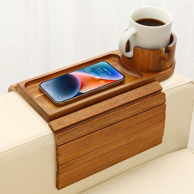 15.75" Acacia Wood Couch Armrest Table, 3 in 1 Foldable Sofa Clip on Side Table with 360° Phone Stand