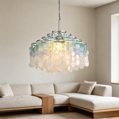 Lustre en coquillage 24 pouces Capiz, luminaire suspendu 6 lumières côtières, luminaire en coquille naturelle fait à la main pour la salle à manger, le salon, la cuisine, la salle de bain, la chambre à coucher, ampoules incluses