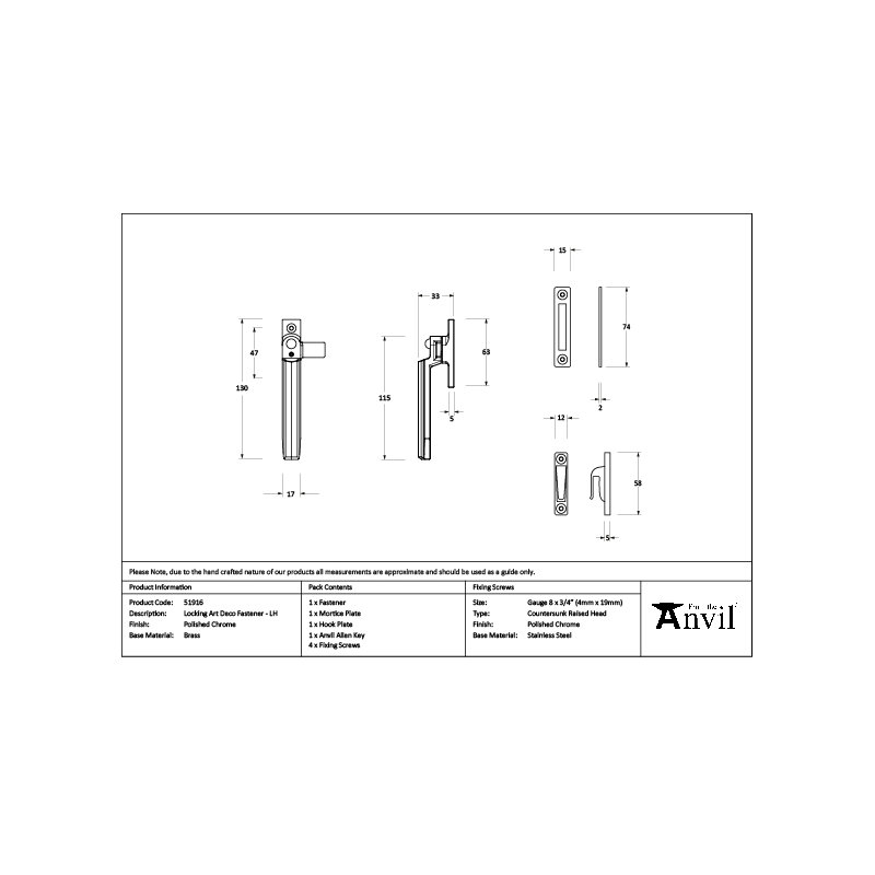 Art Deco Locking Fastener - LH, Polished Chrome
