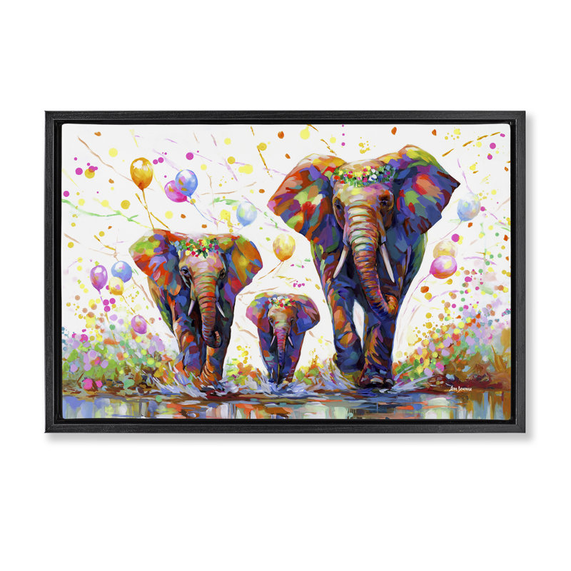«Elephants & Celebration Ballons», toile flottante encadrée grise par Leon Devenice, Cadre flottant noir de jais