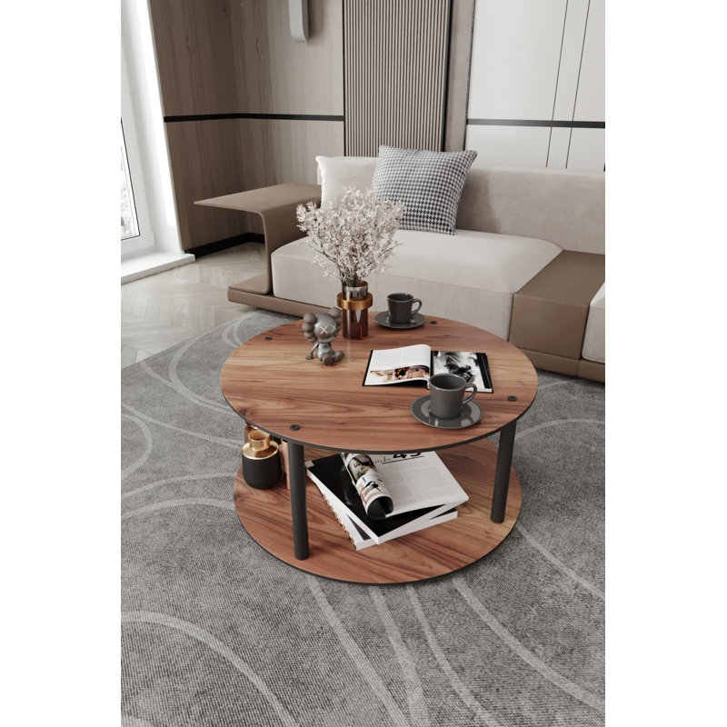 Table basse moderne en noyer, 27,6 po de diamètre x 15 po de hauteur | 100% panneau de fibres à densité moyenne avec pieds en kraft comprimé | Conception élégante et fonctionnelle pour le salon, parfaite pour les espaces contemporains, durable et élégante