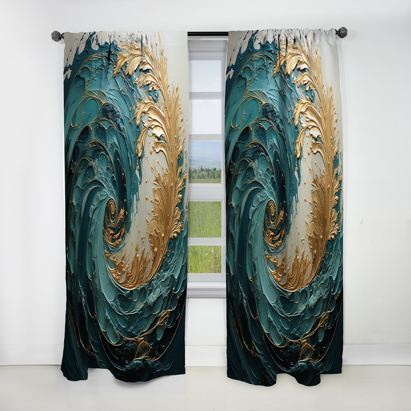Rideau occultant à motif abstrait en spirale or bleu sarcelle V - Ocean, L 52 po x L 63 po