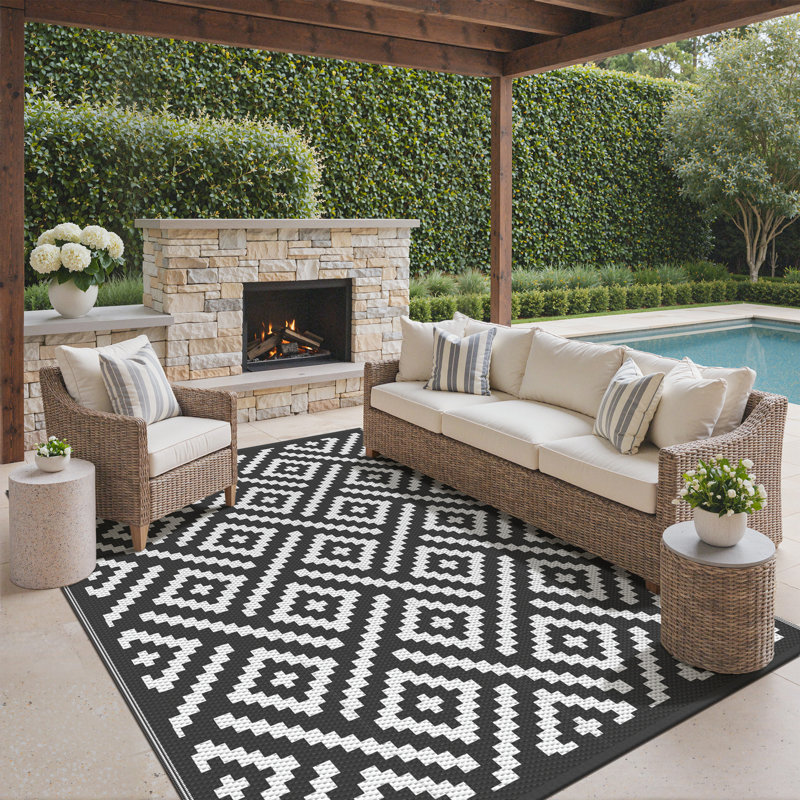 Tapis d'extérieur réversible, tapis d'extérieur imperméable en plastique, noir et brun, Black; Brown, Rectangle 5' x 8'