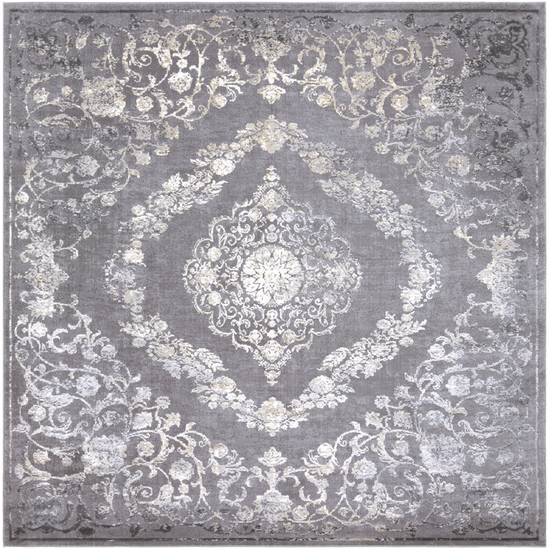 Korando Machine Woven Oriental Gray Area Rug, Square 7'10"