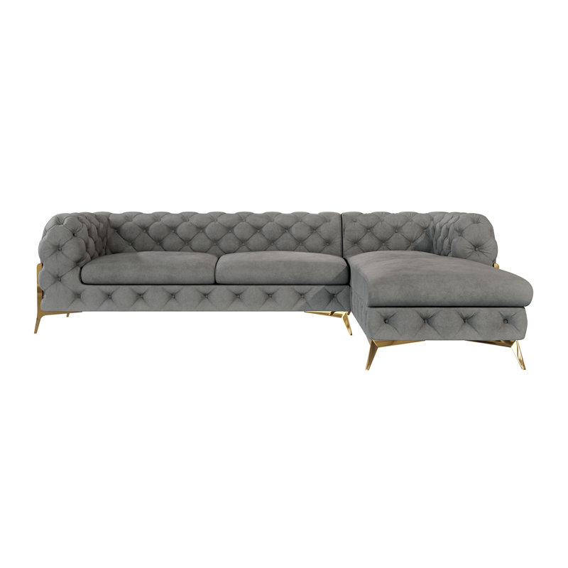 Corner Chaise Chesterfield Sofa  with Gold Metal Legs, Grey, Right Hand Facing