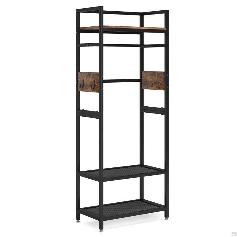 22.75" Rustic Brown & Black Small Clothes Rack, Heavy-Duty Freestanding Closet Organizer with Hanging Rod, 4 Hooks