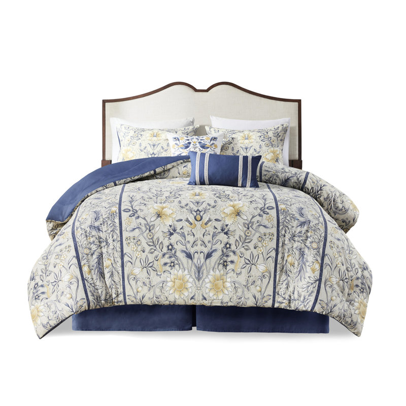 Édredon en coton double - matériel d'impression botanique jaune et bleu de qualité supérieure, 6 pièces