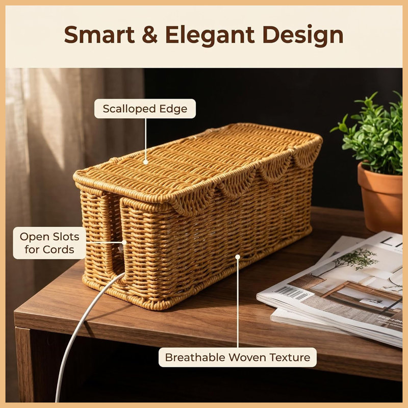 Handwoven Faux Rattan Cable Management Box with Lid, Scalloped Cord Hider, 2 Side Slots for Power Strip & Router