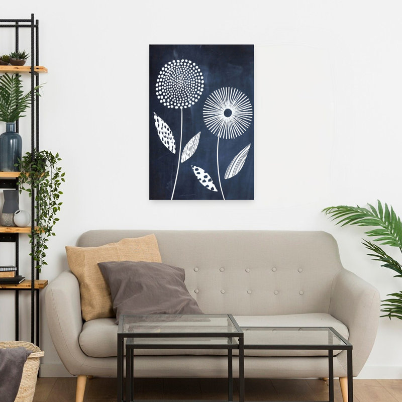 «Blue and White Vase», abstrait, audacieux, fleur de pissenlit contemporaine, art mural, 24" H x 16" W