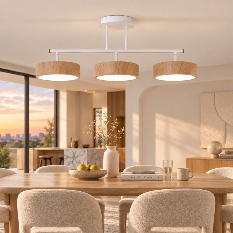 3-Light Modern Linear Integrated LED Pendant Light With Wood-Look Frame
