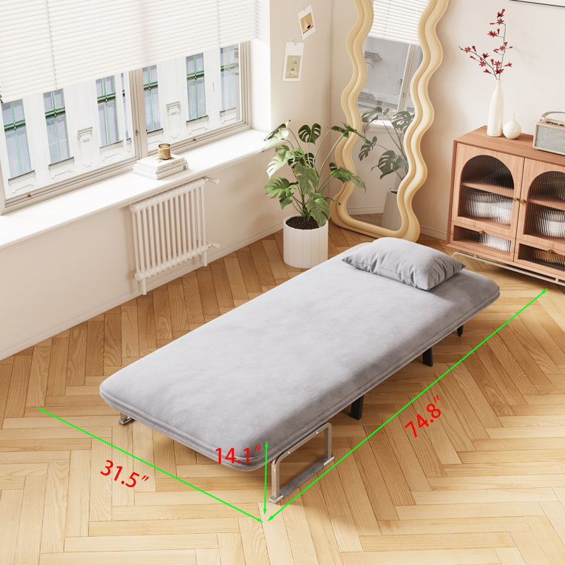  "31.5" convertible chair bed with adjustable backrest, tri-fold sofa bed with steel frame, light grey"