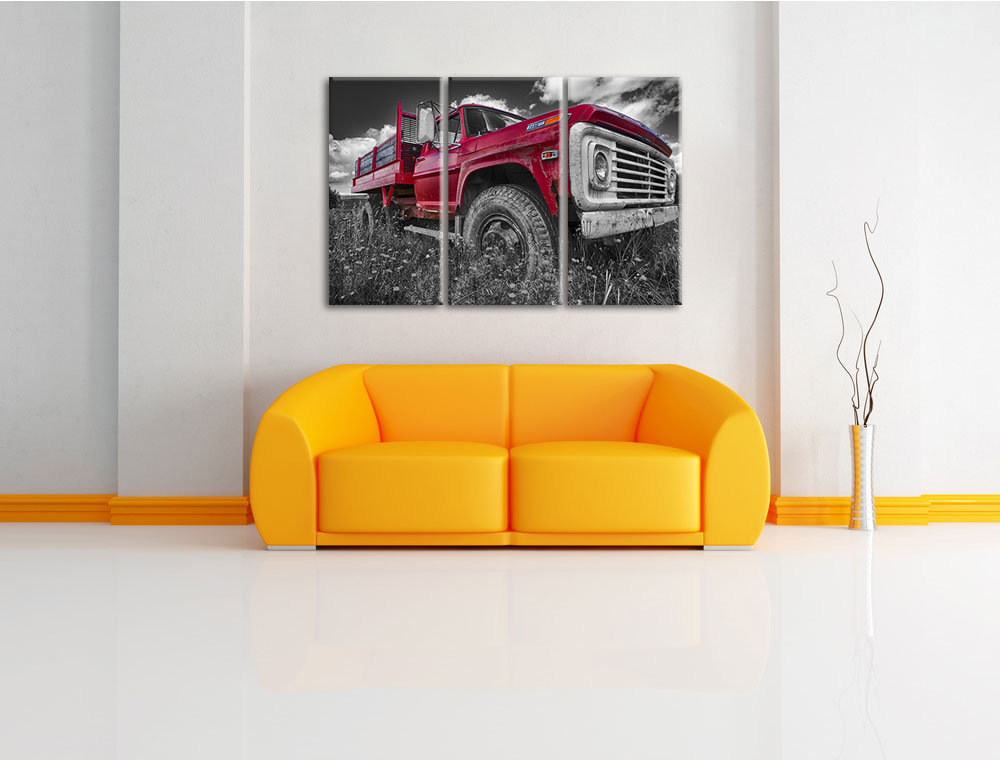 3-tlg. Leinwandbilder-Set „Truck in USA auf Blumenwiese“, Fotodruck