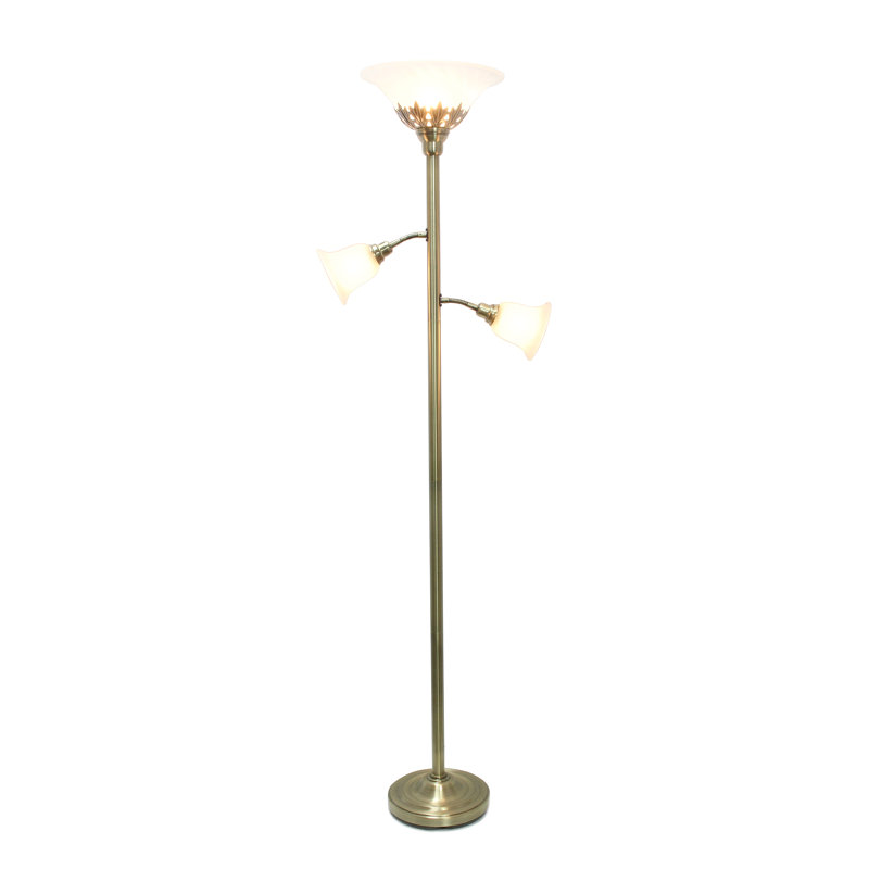 Antique Brass Finish 3-Light Floor Lamp with White Scalloped Glass Shades