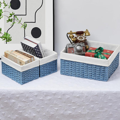Panier en osier, ensemble de 3 paniers de rangement tissés à la main pour l'organisation, paniers de rangement rectangulaires en osier avec poignées, petits paniers de rangement en papier hygiénique pour tablettes et décoration