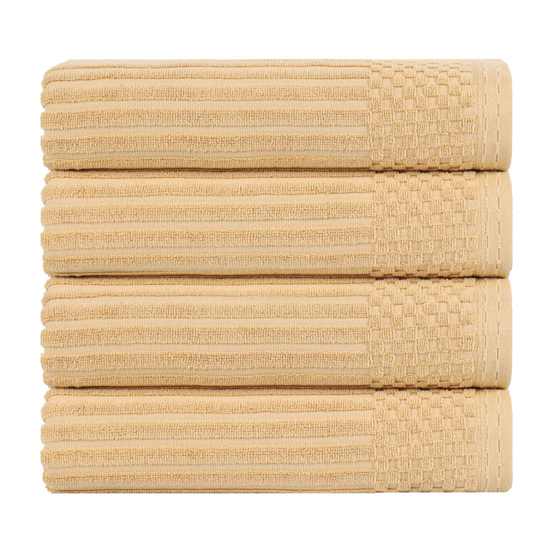 Kaelea Soho Cotton Ribbed Checkered Border Medium Weight 3 Piece Assorted Bathroom Towel Set, Bath Towel 4-Pack, Gold