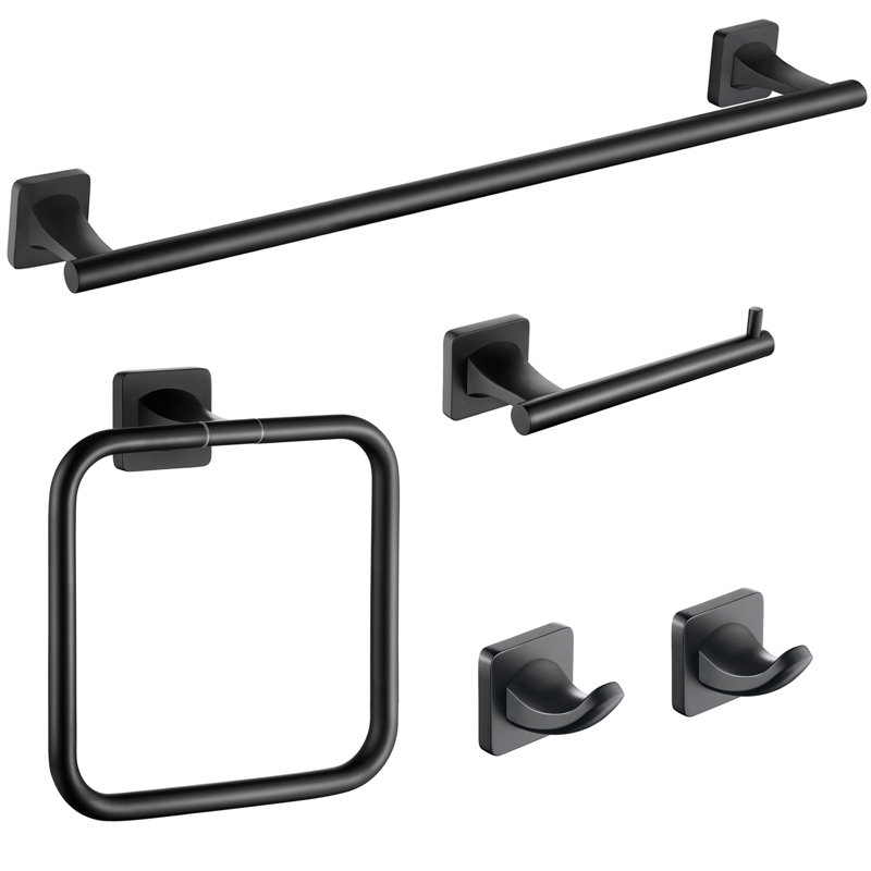 Wall-Mount 5 -Piece Bath Hardware Set with Towel Bart Toilet Paper Holder Hand Towel Holder Towel Hooks in Matte Black