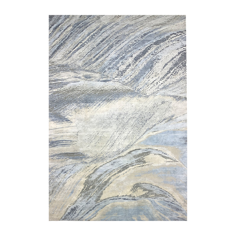 Tapis abstrait noué à la main gris / bleu, Rectangle 8 pi x 10 pi