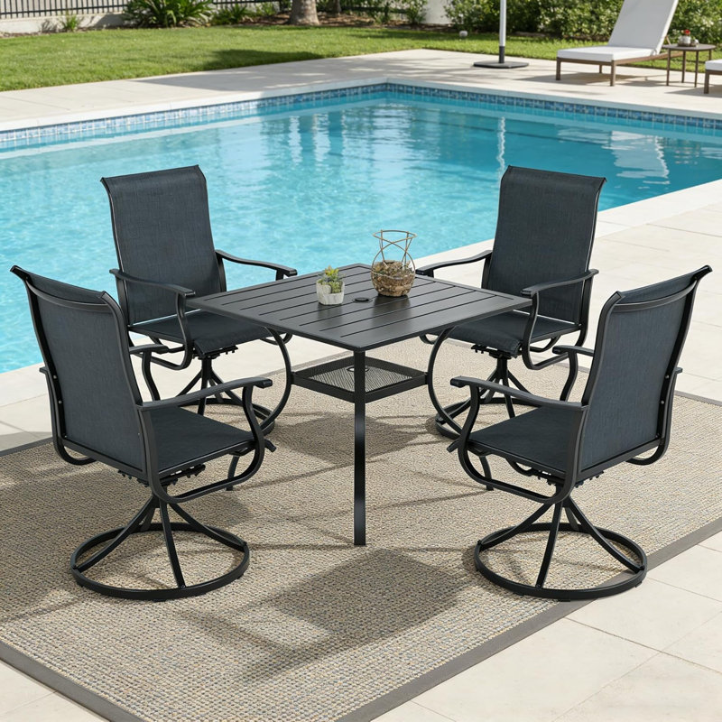 Ensemble de salle à manger de patio pour 4 personnes avec table de salle à manger carrée en métal et chaises berçantes pivotantes (noir et gris)