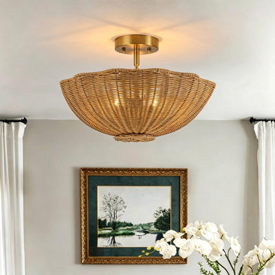 3 - Light  Rattan Bowl Semi Flush Mount Ceiling Light