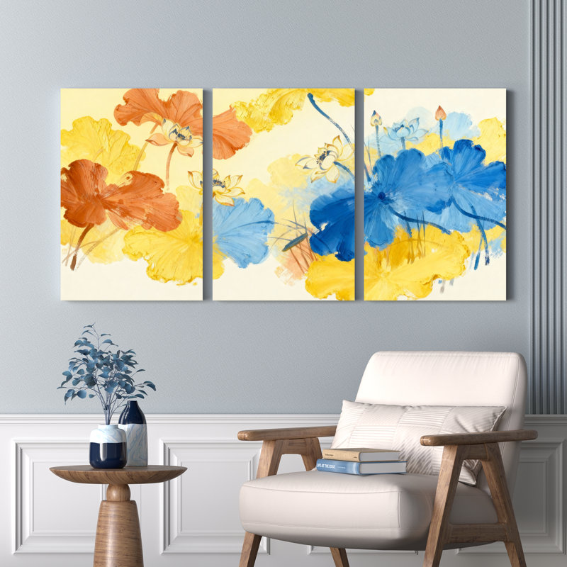 Tableau abstrait floral aquarelle sur toile tendue (lot de 3), H 30 po x l 60 po