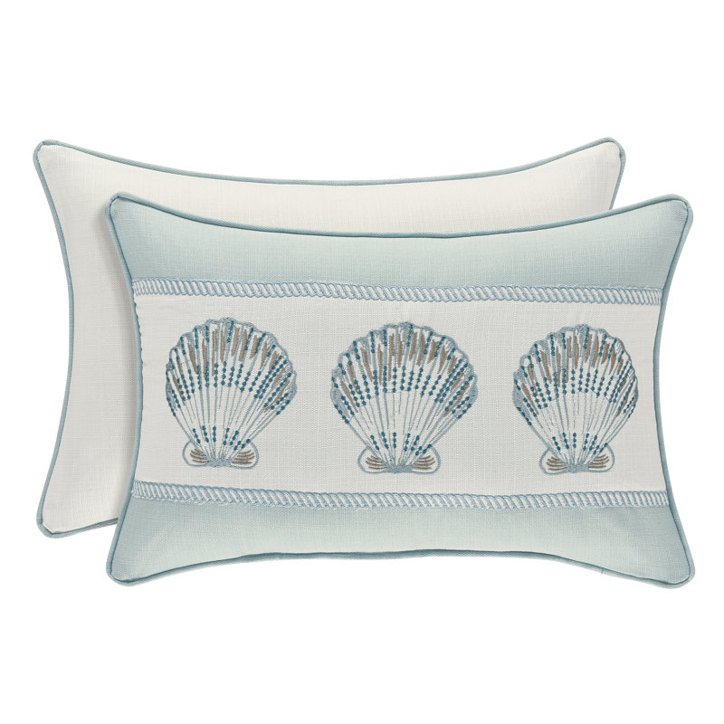 Aqua Nautical Embroidered Rectangle Throw Pillow with Shells