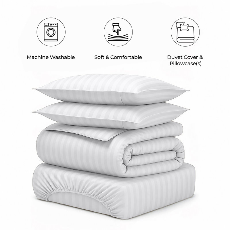 Haffa Microfiber Striped Duvet Cover Set with Pillowcases, King Duvet Cover + 2 Standard Pillowcases, White