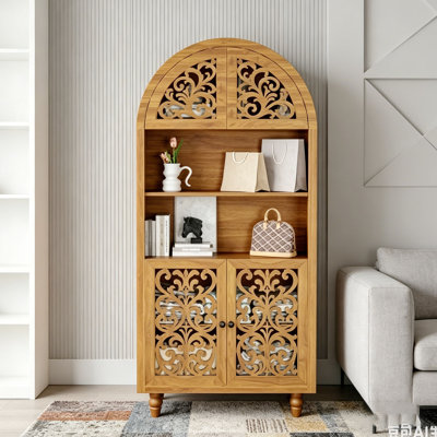 Bibliothèque 66 po de hauteur avec bibliothèque ouverte et armoire arquée en bois sculpté