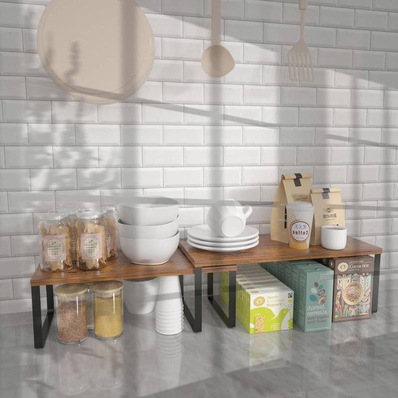 Kitchen Cabinet And Counter Shelf Organizer, Stackable & Expandable, Set Of 4, Black/Rustic Brown