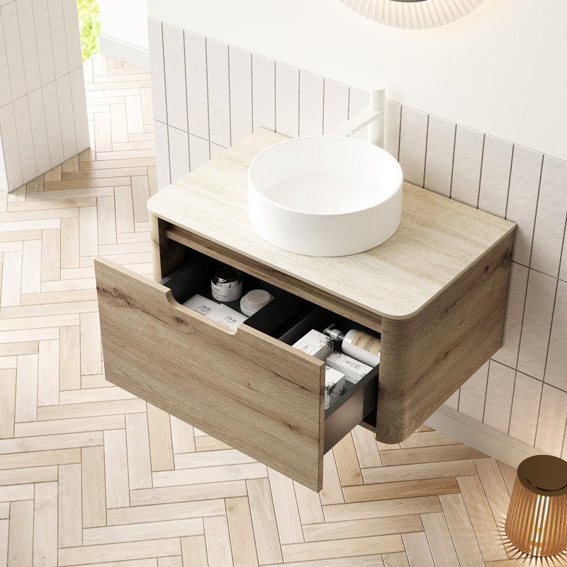 30" Bathroom Vanity With Exquisite White Round Ceramic Basin, - Pattern Sintered Stone Countertop, Wall Mounted Plywood Storage Drawer And Soft Close System, Pre Assembled, Oak Appearance Stain