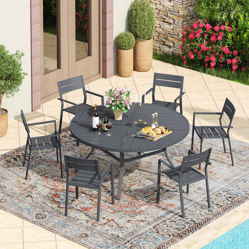 6-Person Patio Dining Set with 50“ Round Metal Dining Table and 6 Stackable Armrest Chairs, Gray/Gray
