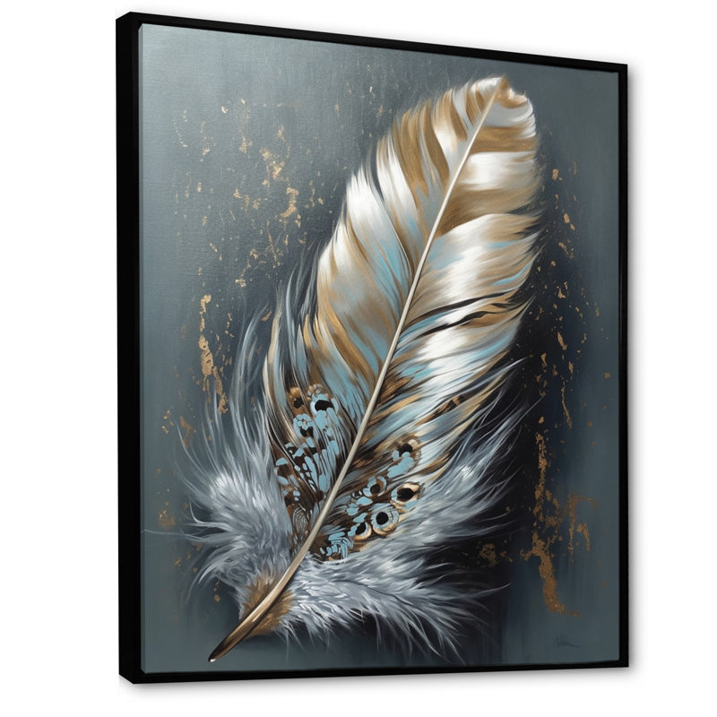 Kelvontae plume dorée Wanderlust IV sur toile, H 40 po x l 30 po x P 1,5 po, Cadre flottant noir