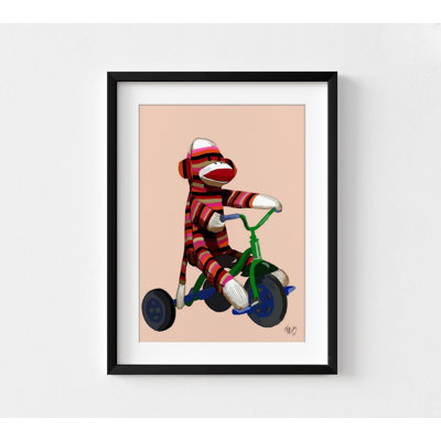 Adorable Red Sock Monkey Poster Print, Framed Cute Animal Poster Print, Sock Monkey Artwork, Tricycle Kids Playroom Wall Art