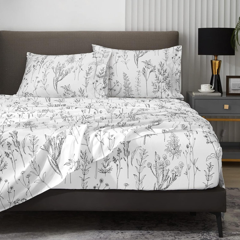 Hyprest Sheets, Soft Breathable Farmhouse Bed Sheet Sets, Deep Pocket Sheets, White Leaf, Queen Sheet Set