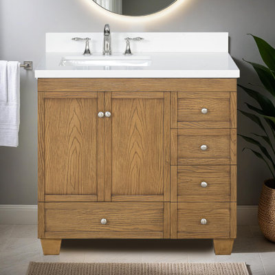 Lavanti Depos 36 Inch Bathroom Vanity with Sink – 100% Premium Solid Wood, Stylish Firwood Grey Oak Vanity Bathroom with Storage Cabinet – Modern Bathroom Vanities with Single Vanity Sink & 1.5" Quartz Countertop
