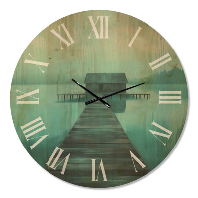 Très grande horloge murale rustique Lakeside - Cabane sur une jetée en bois au bord du lac, imprimée sur bois
