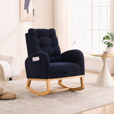 Fauteuil à bascule décoratif avec repose-pieds et pochette de rangement, chaise berçante à haut dossier bleu marine profond, siège en bois d'hévéa pour chambre de bébé, l 38,36 po x P 26,77 po x H 39,76 po