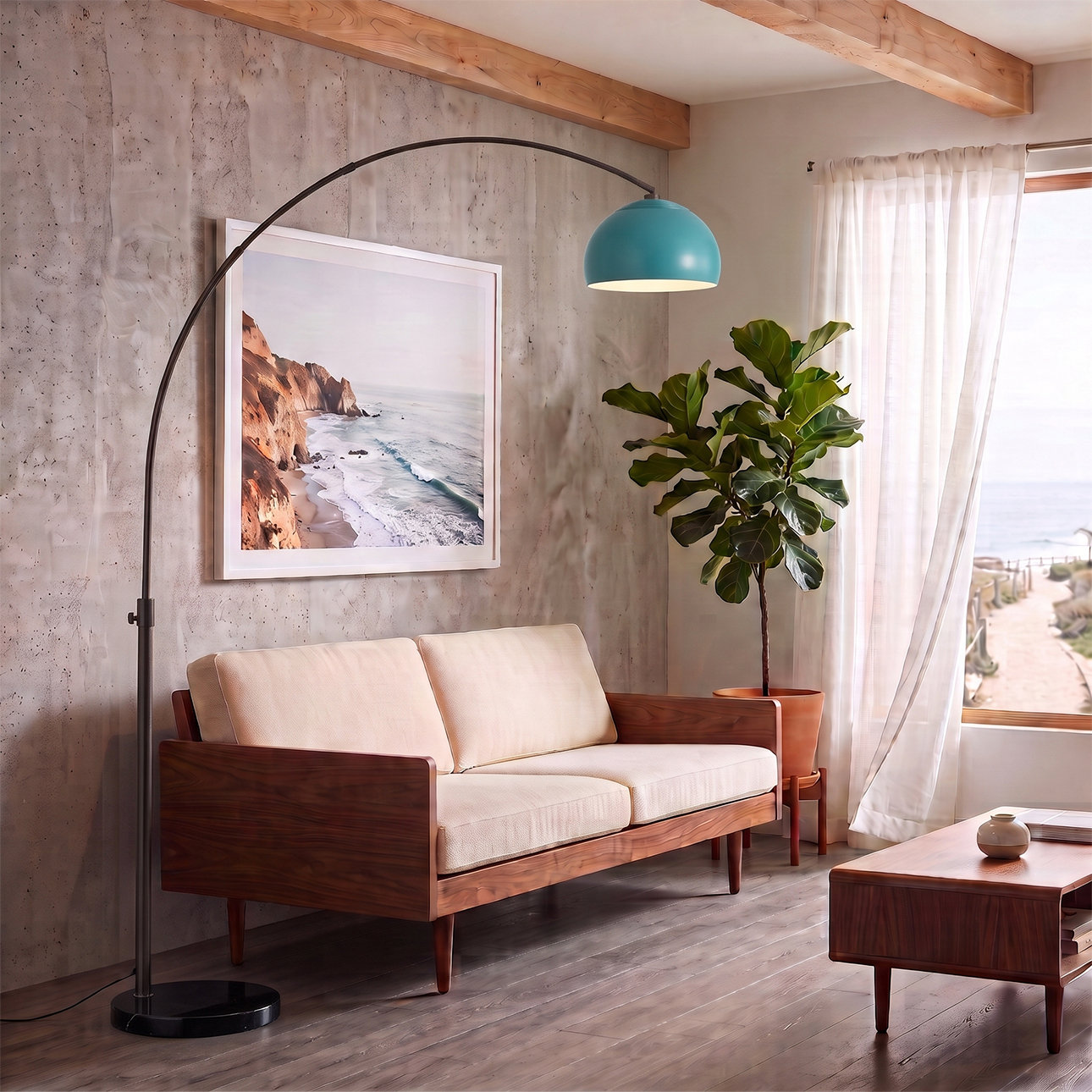 Half Dome 92" Arc Lamp - Black Nickel, Black Marble Base, Steel Half-Dome, Dimmable, Bulb Included, Pool Blue