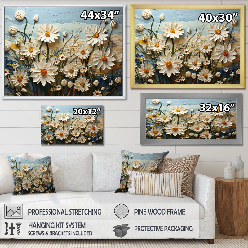 Daisies Daisy Delight II - Daisies, reproduction d'art encadrée, Cadre doré simple, H 16 po x l 32 po x P 1 po