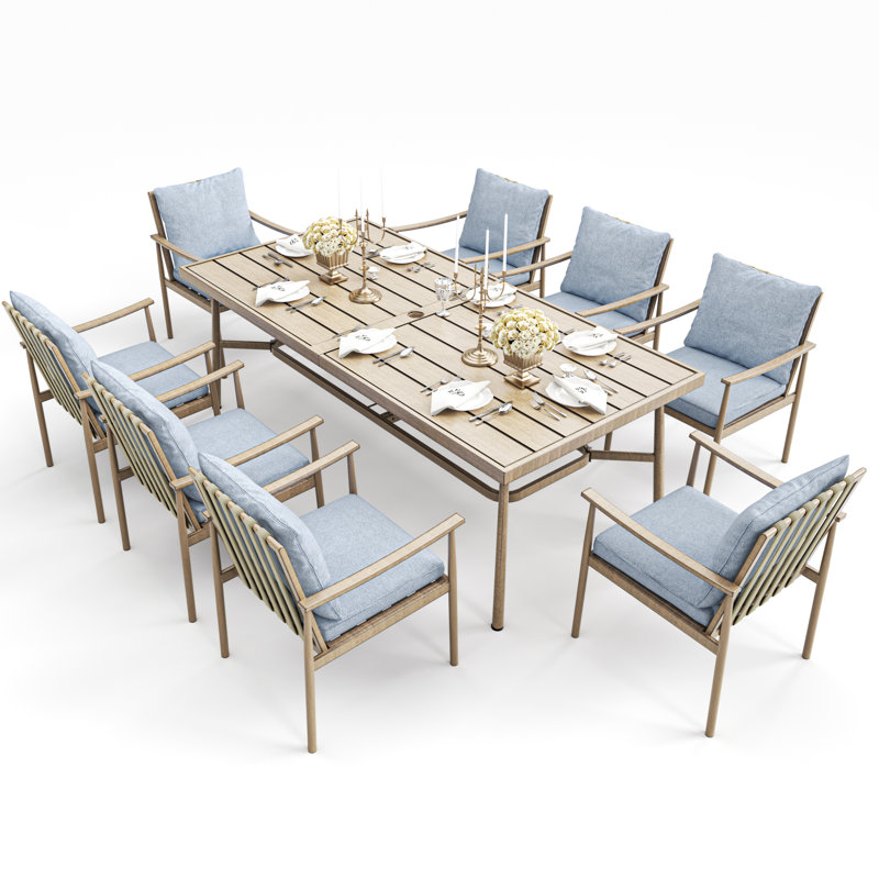 Ensemble repas 9 pièces pour 8 personnes, table de patio rectangulaire en aluminium avec trou pour parasol, Bleu, Brun, 8