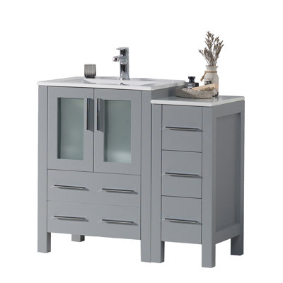 Blossom 36-Inch Solid Wood Bathroom Vanity with Ceramic Sink & Side Cabinet | Freestanding Single Sink Vanity Cabinet | Soft-Close Drawers & Tempered Glass Doors