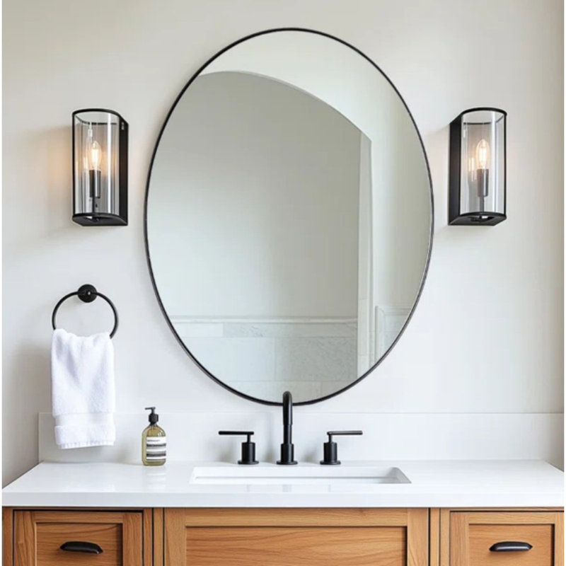 Kaitlee Modern Bathroom Vanity Wall Mirror | Stainless Steel Frame, Oval & Round, 36" x 24", Matte Black