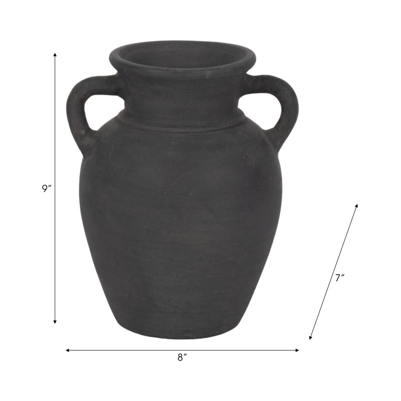 Keneen Handcrafted Terracotta Pottery Vase with Amphora Shape and Handles - Rustic Decorative Accent for Home Decor, Black