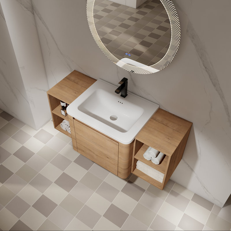 Meuble-lavabo mural avec lavabo en céramique, deux tablettes et porte à fermeture en douceur, 48"