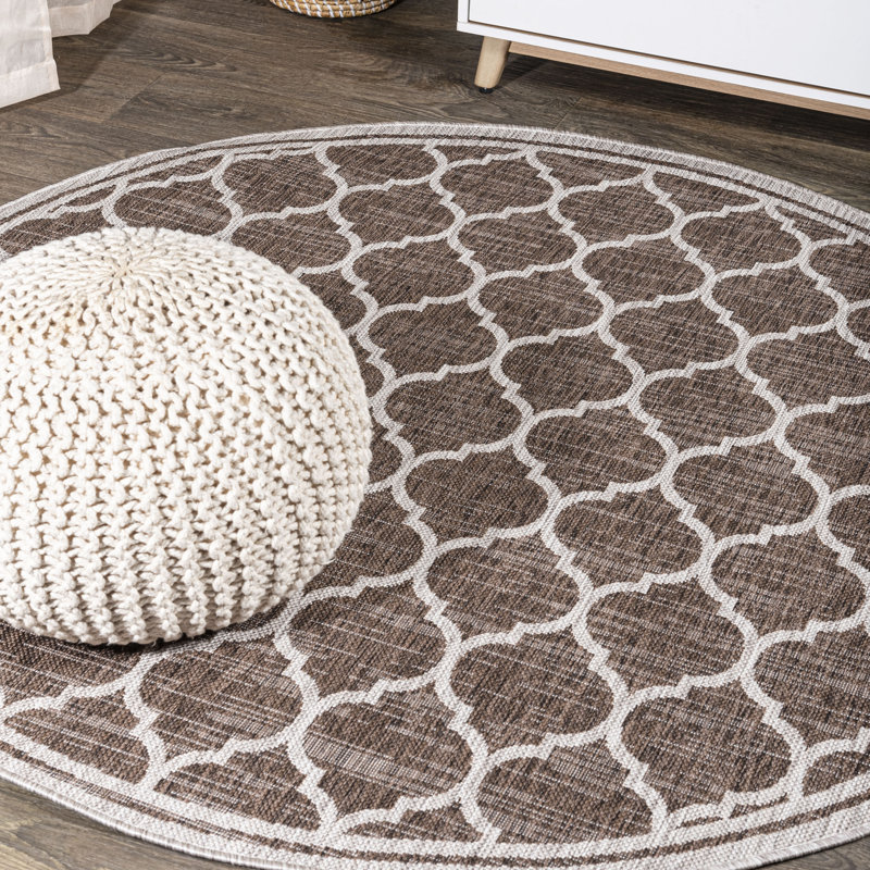 Hague Moroccan Trellis Textured Weave Espresso/Taupe Indoor/Outdoor Rug, Round 3'1"