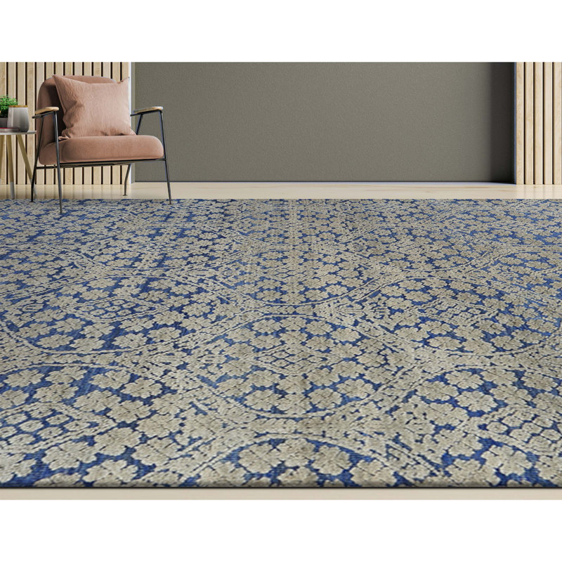Wool Damask Area Rug in Blue, Rectangle 8' x 10'