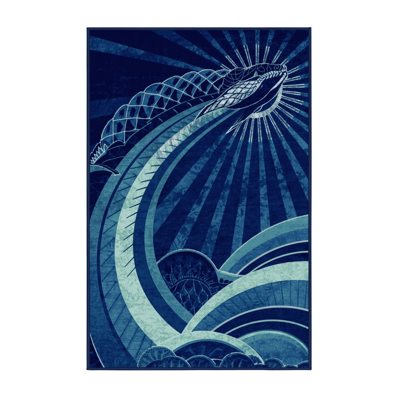 Machine Washable Pavli Sea Serpent Leviathan Art Deco Arc Rug in Blue – Navy Binding, 7x9