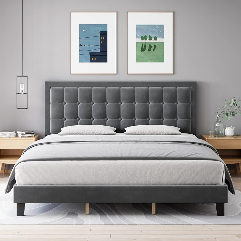 Lit plateforme tapissier Nourdane, Double, gris