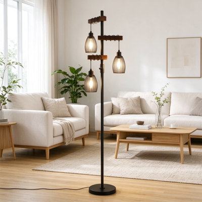 Industrial Floor Lamp with Metal Cage Shade, Wood Standing Lamp for Living Room, Bedroom, Reading, Office, Dimmable Rustic Corner Lamp, Farmhouse Home Decor